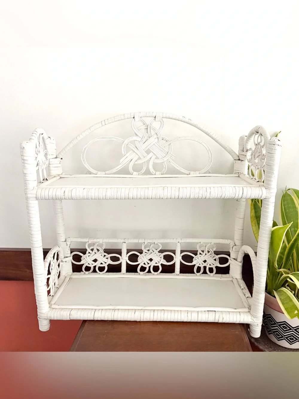 Vintage White Wicker Two Tier Display Shelf Boho Cottagecore Accent Eclectic
